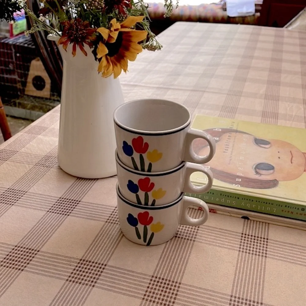 Newcor VTG Stoneware Tea Cups Japan Tulip Set of 3 Multicolor